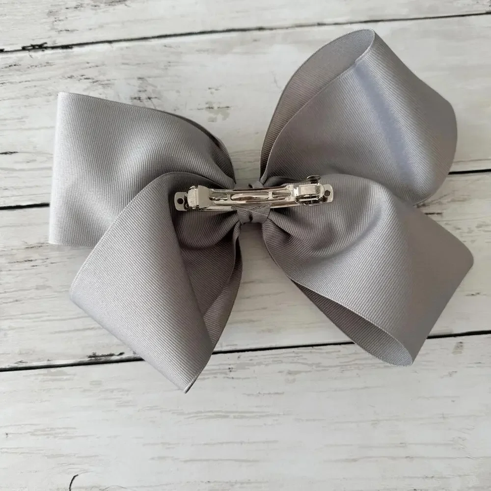 Large Silver Gray Grosgrain Boutique Hair Bow Alligator Clip 6” Wide NWOT